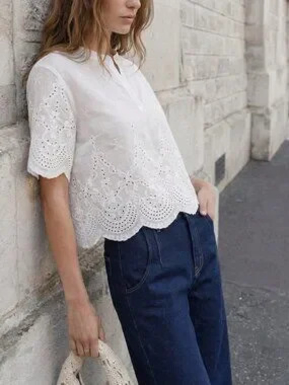 ZARA White Casual Women's Off- Embroidered Eyelet Blouse